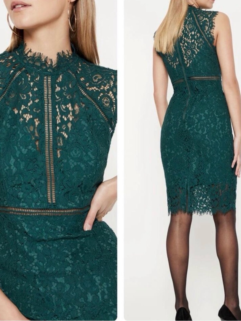NWT Bardot Hunt Green Lace Sheath Dress High Neck Size 8/M